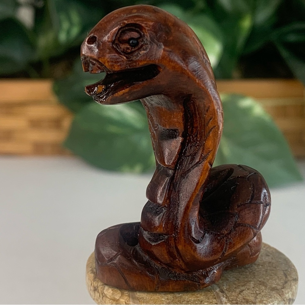 Vintage Boxwood Netsuke Snake Figurine Wooden Animal Carving Wood Carved Figure